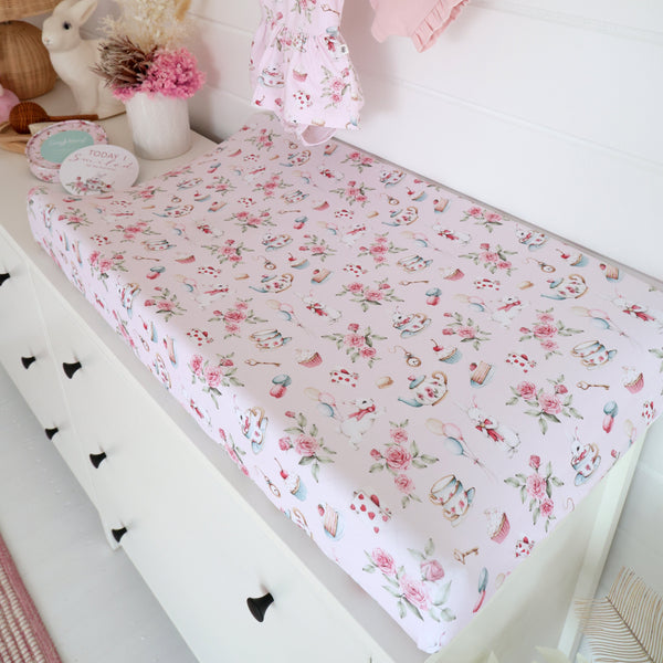 Snuggle Hunny Fitted Bassinet Sheet/Change Mat Cover - Alice's Tea Party