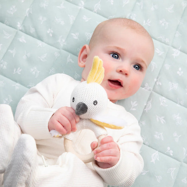 Living Textiles Australiana Knitted Ring Rattle - Colin the Cockatoo