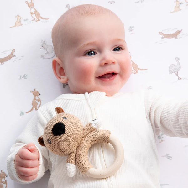 Living Textiles Australiana Knitted Ring Rattle - Wally the Wombat
