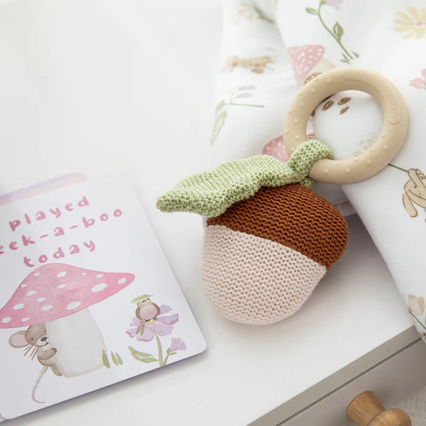 Living Textiles Knitted Ring Rattle - Acorn & Leaf