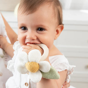 Living Textiles Knitted Ring Rattle - Daisy & Leaf