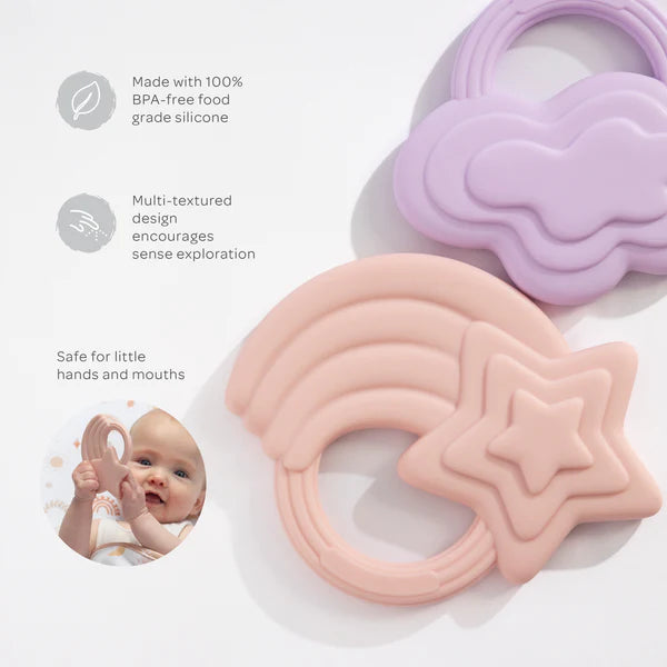 Playground 2pk Silicone Teether - Stars & Cloud Pink