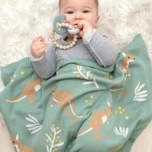 Living Textiles Australiana Baby Blanket - Kangaroo/Green