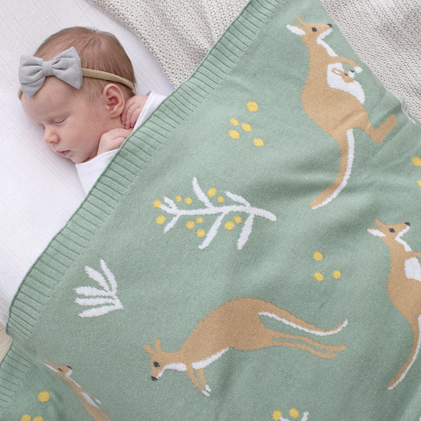 Living Textiles Australiana Baby Blanket - Kangaroo/Green