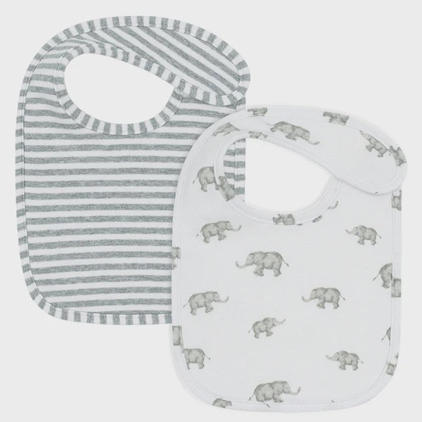 Living Textiles 2pk Baby Bibs - Grey Elephant/Stripes