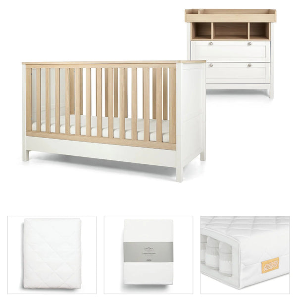 Mamas & Papas Harwell White 5 Piece Set with Cotbed, Dresser, Mattress, Fitted Sheets & Mattress Protector