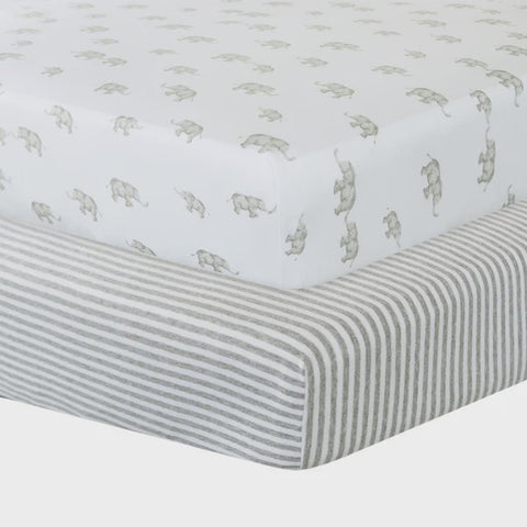 Living Textiles 2-pack Jersey Cot Fitted Sheet - Grey Elephant/Stripes