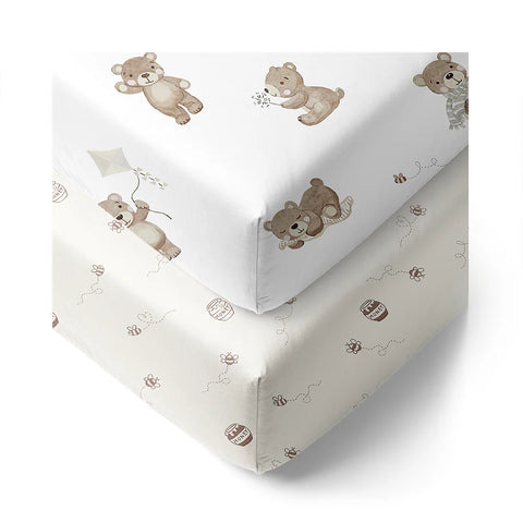 Living Textiles 2 Pack Organic Jersey Cot Fitted Sheets - Cuddly Bear