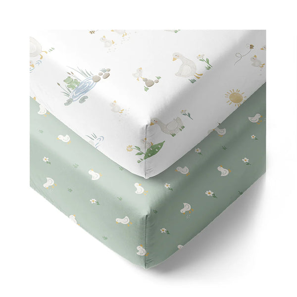 Living Textiles 2 Pack Organic Jersey Cot Fitted Sheets - Goosey Goosey