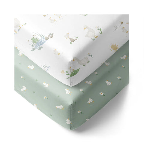 Living Textiles 2 Pack Organic Jersey Cot Fitted Sheets - Goosey Goosey