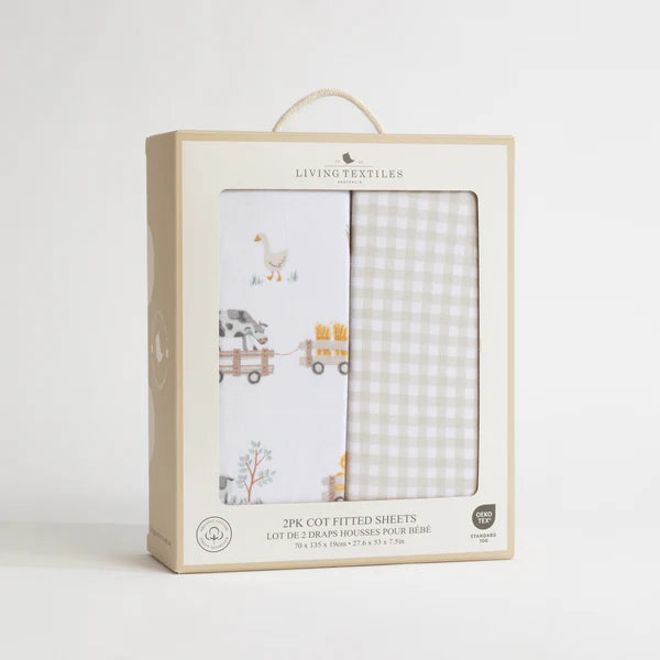 Living Textiles 2 Pack Organic Jersey Cot Fitted Sheets - Tractor Ride