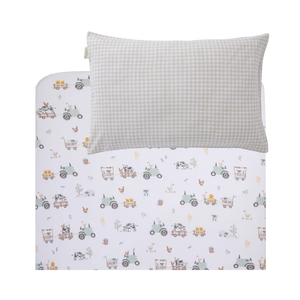 Living Textiles Organic Jersey Port-a-Cot Sheet & Pillow Case Set- Tractor Ride