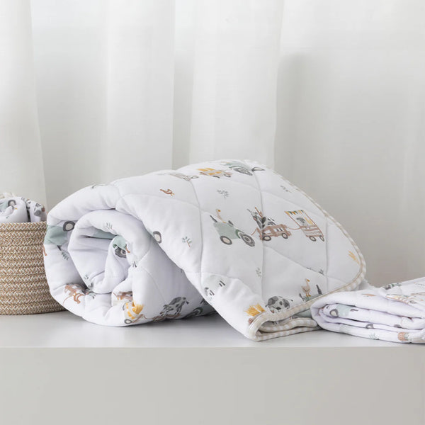 Living Textiles Reversible Organic Jersey Quilted Cot Comforter - Tractor Ride