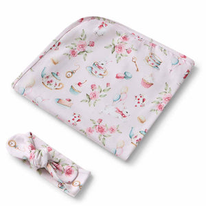 Snuggle Hunny Organic Jersey Wrap & Topknot Set - Alice's Tea Party