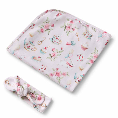 Snuggle Hunny Organic Jersey Wrap & Topknot Set - Alice's Tea Party