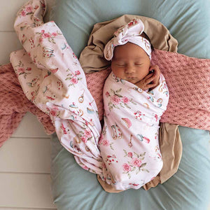 Snuggle Hunny Organic Jersey Wrap & Topknot Set - Alice's Tea Party