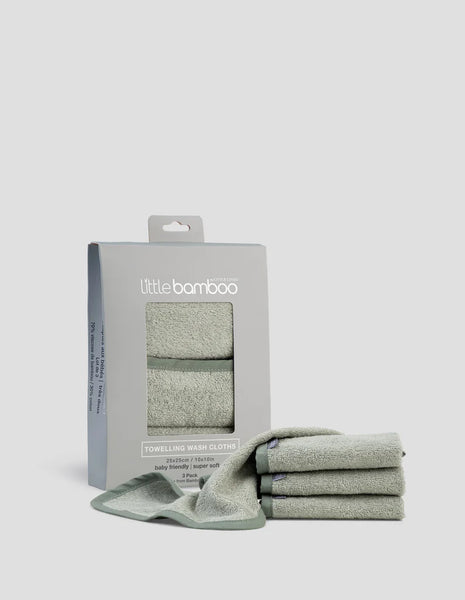 Little Bamboo Towelling Wash Cloths 3pk - Bayleaf
