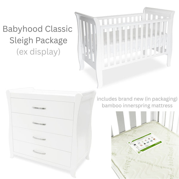 Babyhood Sleigh Cot Package (includes cot, dresser & mattress) Ex-Display