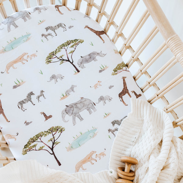 Snuggle Hunny Fitted Bassinet Sheet/Change Mat Cover - Safari