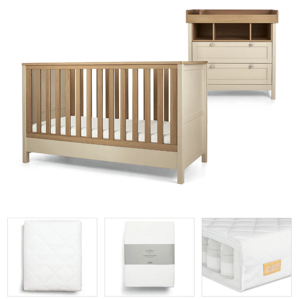 Mamas & Papas Harwell Cashmere 5 Piece Set with Cotbed, Dresser Changer, Mattress, Fitted Sheets & Mattress Protector