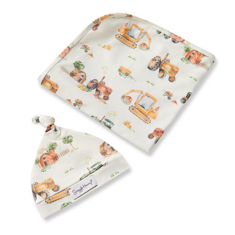 Snuggle Hunny Organic Jersey Wrap & Beanie Set - Diggers & Tractors