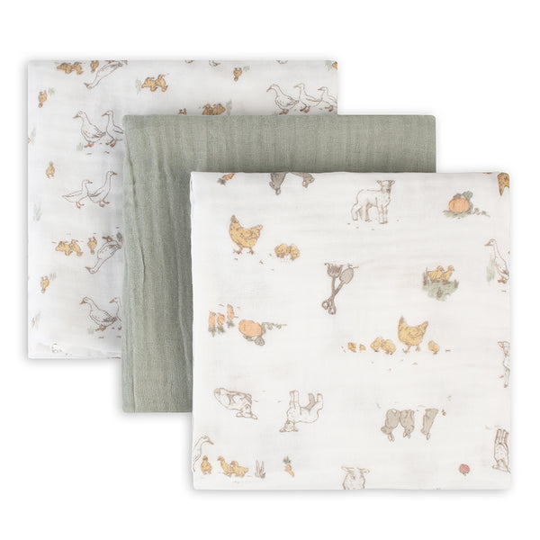 The Little Linen Co Baby Muslin Wrap 3pk - Farmyard Lamb
