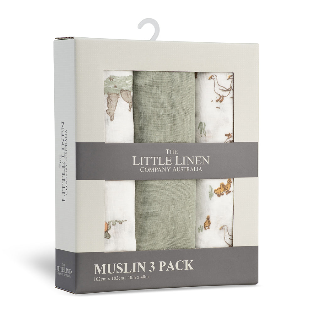 The Little Linen Co Baby Muslin Wrap 3pk - Farmyard Lamb
