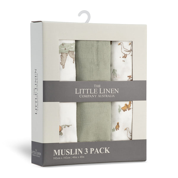 The Little Linen Co Baby Muslin Wrap 3pk - Farmyard Lamb