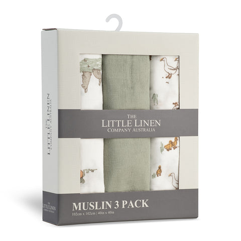 The Little Linen Co Baby Muslin Wrap 3pk - Farmyard Lamb