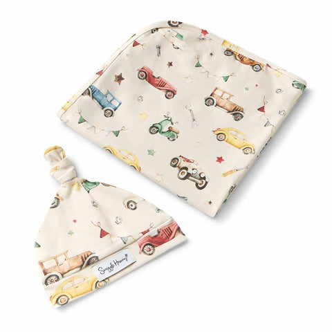 Snuggle Hunny Organic Jersey Wrap & Beanie Set - Vintage Cars