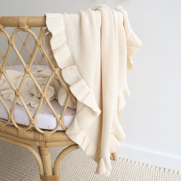 Snuggle Hunny Knit Organic Baby Blanket - Cream Ruffle