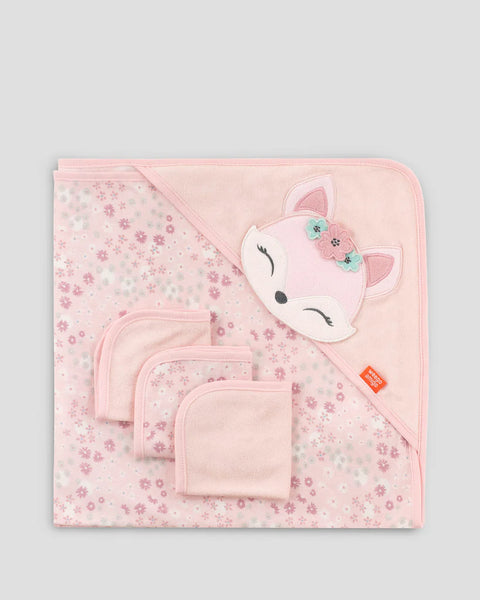 Weegoamigo Muslin Baby Hooded Towel + Towelling Washers - Floral Fox