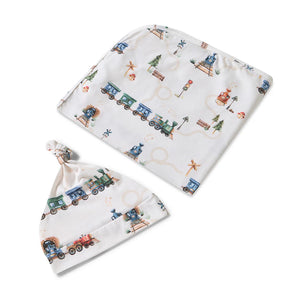 Snuggle Hunny Organic Jersey Wrap & Beanie Set - Trains