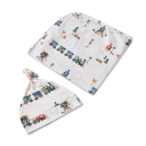 Snuggle Hunny Organic Jersey Wrap & Beanie Set - Trains