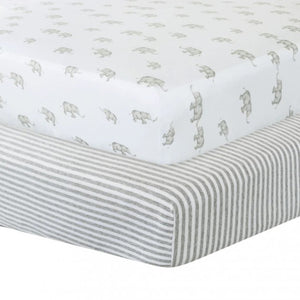 Living Textiles 2-pack Compact Cot Fitted Sheet - Grey Elephant/Stripes