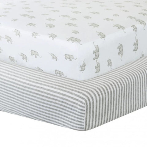 Living Textiles 2-pack Compact Cot Fitted Sheet - Grey Elephant/Stripes