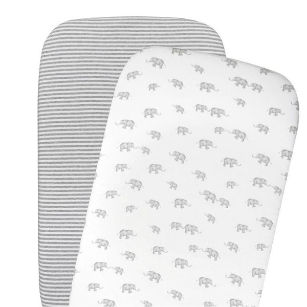 Living Textiles 2-pack Jersey Bassinet Fitted Sheet - Grey Elephant/Stripes