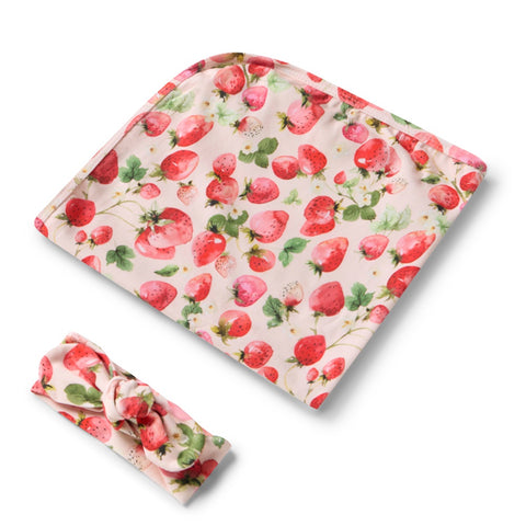 Snuggle Hunny Organic Jersey Wrap & Topknot Set - Strawberry