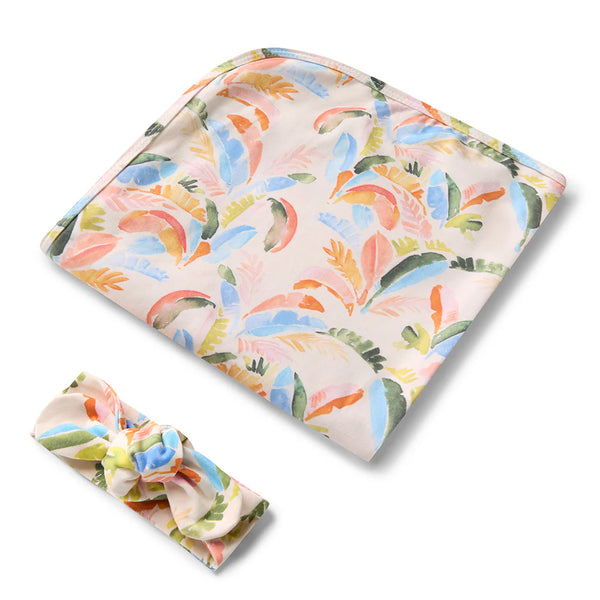 Snuggle Hunny Organic Jersey Wrap & Topknot Set - Summer Palm
