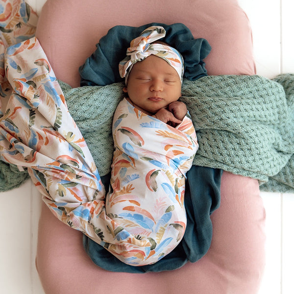 Snuggle Hunny Organic Jersey Wrap & Topknot Set - Summer Palm