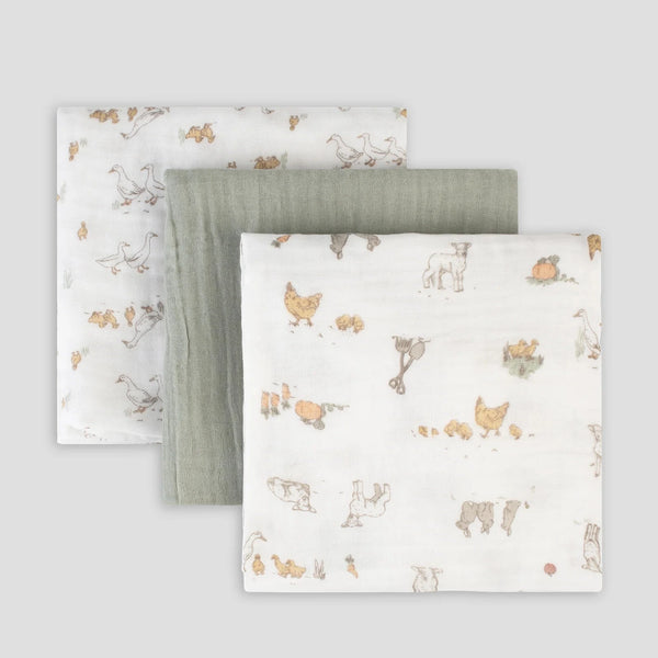 The Little Linen Co Baby Muslin Wrap 3pk - Farmyard Lamb