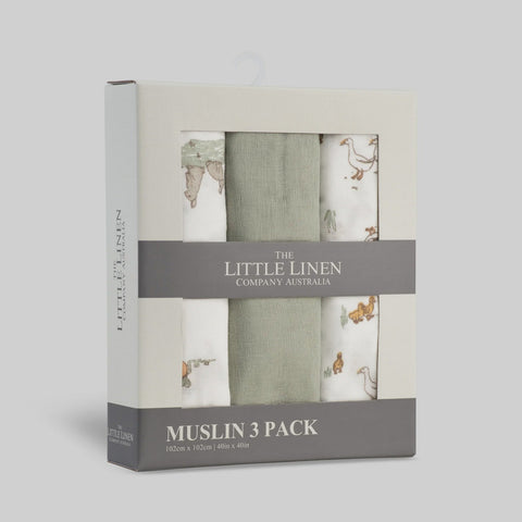 The Little Linen Co Baby Muslin Wrap 3pk - Farmyard Lamb