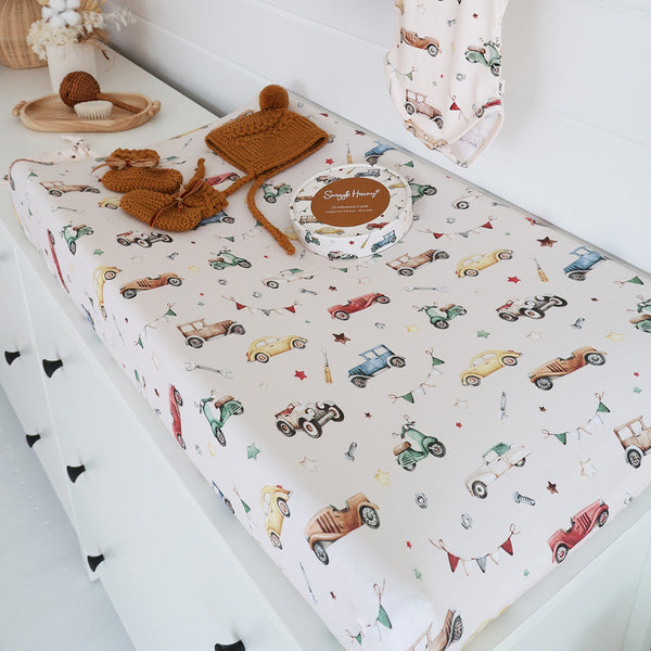 Snuggle Hunny Fitted Bassinet Sheet/Change Mat Cover - Vintage Cars