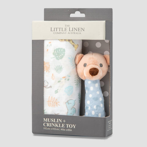 The Little Linen Co - Muslin Wrap & Crinkle Toy - Safari Bear