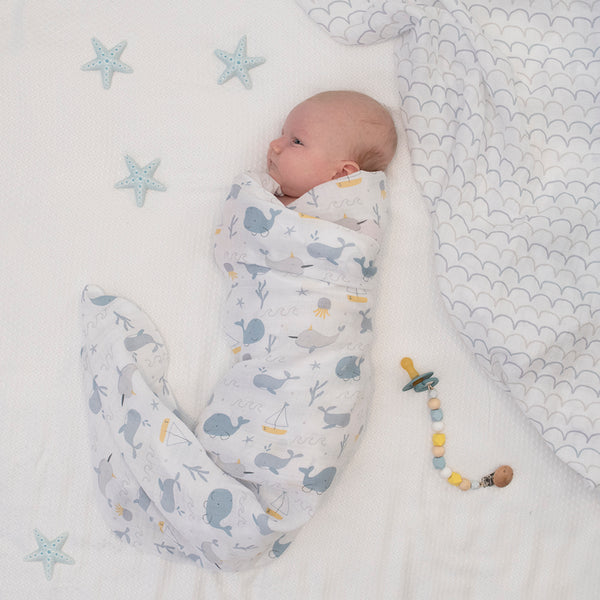 Living Textiles Muslin Swaddle & Pram Pegs - Whale of a Time