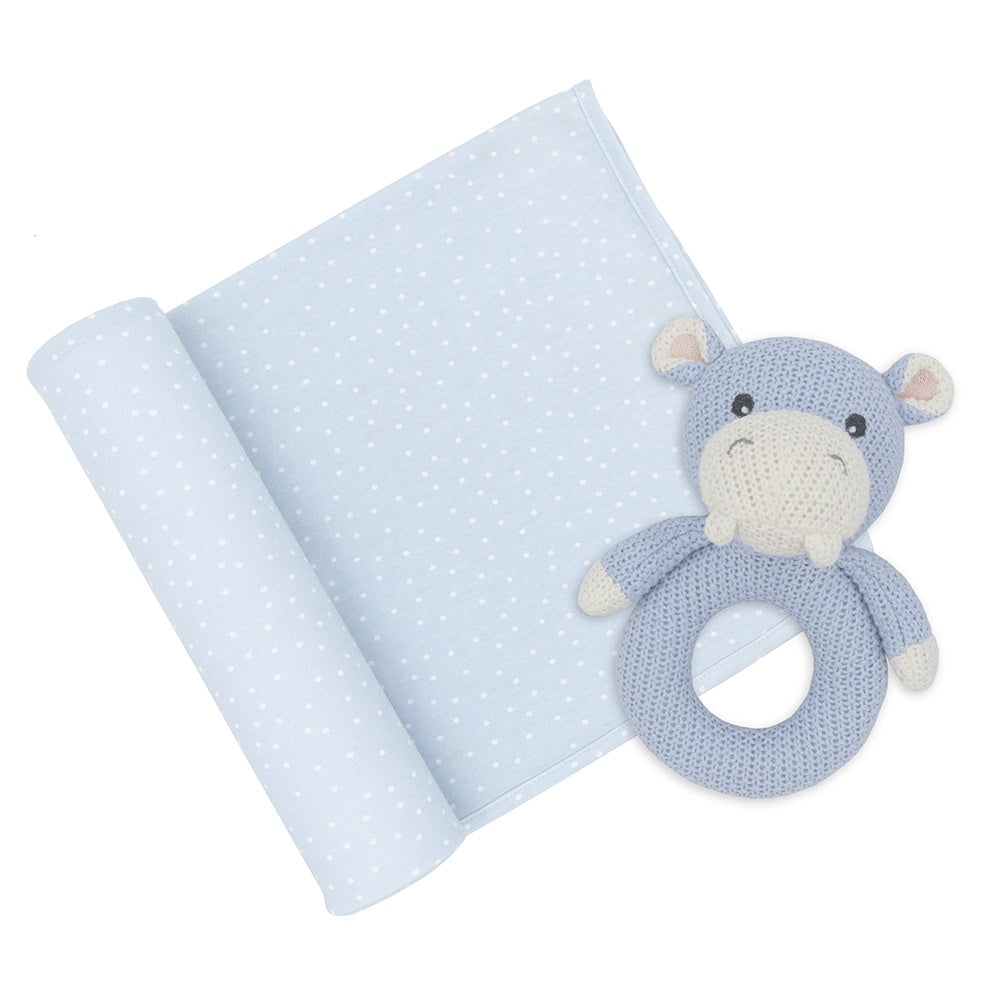 Living Textiles Jersey Swaddle & Rattle - Dots/Hippo
