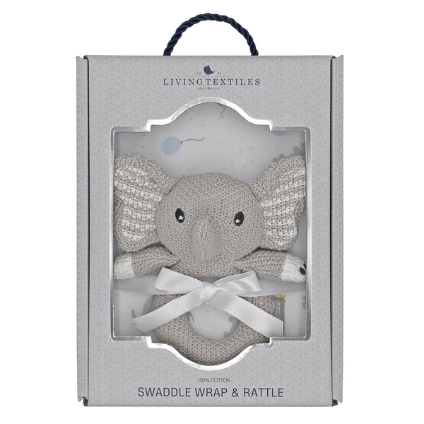 Living Textiles Jersey Swaddle & Rattle - Mason/Elephant