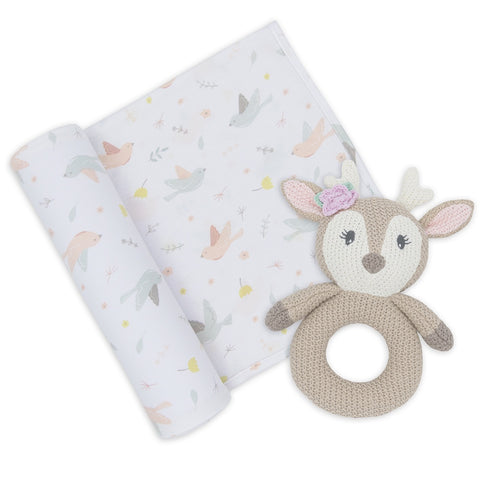 Living Textiles Jersey Swaddle & Rattle - Ava/Fawn