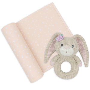 Living Textiles Jersey Swaddle & Rattle - Floral/Bunny