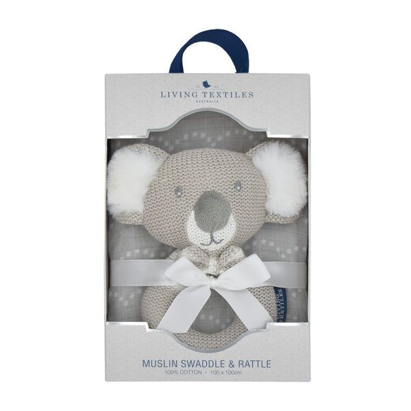 Living Textiles Muslin Swaddle & Rattle Gift Set - Kevin the Koala/Grey Dots